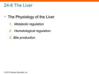 © 2012 Pearson Education, Inc.
24-6 The Liver
• The Physiology of the Liver
1. Metabolic regulation
2. Hematological regulation
3. Bile production
 