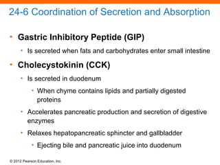 © 2012 Pearson Education, Inc.
24-6 Coordination of Secretion and Absorption
• Gastric Inhibitory Peptide (GIP)
• Is secreted when fats and carbohydrates enter small intestine
• Cholecystokinin (CCK)
• Is secreted in duodenum
• When chyme contains lipids and partially digested
proteins
• Accelerates pancreatic production and secretion of digestive
enzymes
• Relaxes hepatopancreatic sphincter and gallbladder
• Ejecting bile and pancreatic juice into duodenum
 