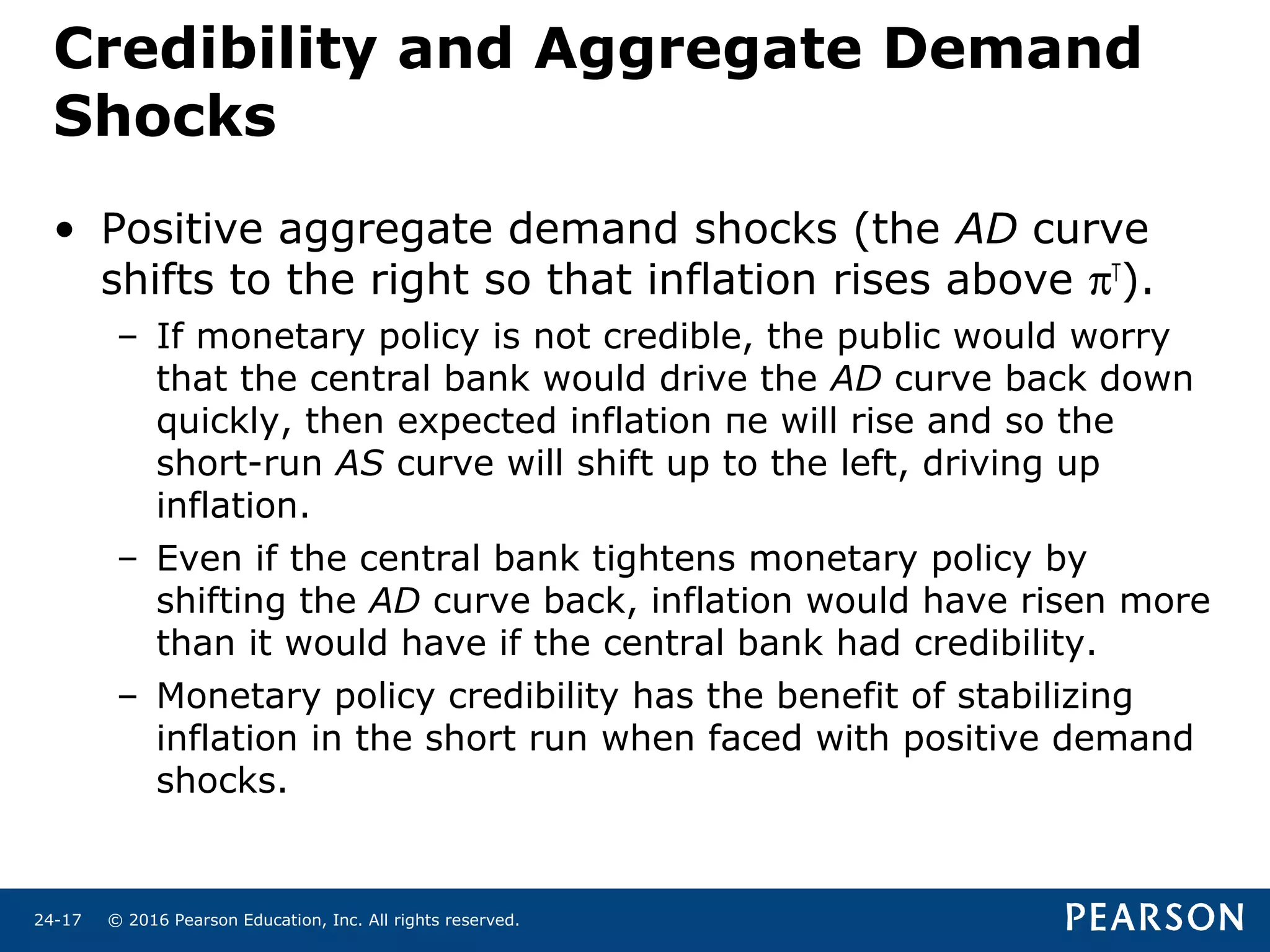 © 2016 Pearson Education, Inc. All rights reserved.24-17
Credibility and Aggregate Demand
Shocks
• Positive aggregate demand shocks (the AD curve
shifts to the right so that inflation rises above πT
).
– If monetary policy is not credible, the public would worry
that the central bank would drive the AD curve back down
quickly, then expected inflation πe will rise and so the
short-run AS curve will shift up to the left, driving up
inflation.
– Even if the central bank tightens monetary policy by
shifting the AD curve back, inflation would have risen more
than it would have if the central bank had credibility.
– Monetary policy credibility has the benefit of stabilizing
inflation in the short run when faced with positive demand
shocks.
 
