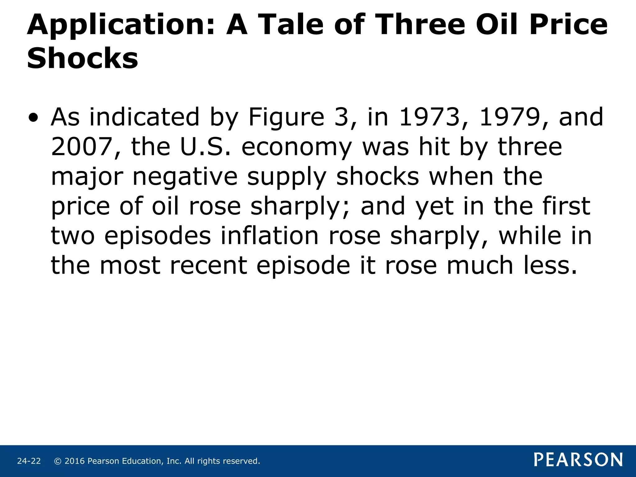 © 2016 Pearson Education, Inc. All rights reserved.24-22
Application: A Tale of Three Oil Price
Shocks
• As indicated by Figure 3, in 1973, 1979, and
2007, the U.S. economy was hit by three
major negative supply shocks when the
price of oil rose sharply; and yet in the first
two episodes inflation rose sharply, while in
the most recent episode it rose much less.
 