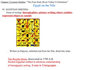 Chapter 2 Lecture Outline: “The Four Early River Valley Civilizations”
                                  Egypt on the Nile
 IV. EGYPTIAN WRITING
    . Form of writing- hieroglyphics- picture writing where sylables
 represent object or sounds




       . Written on Papyrus, unfurled reed from the Nile, dried into strips


       The Rosetta Stone, discovered in 1799 A.D.
       Ancient Egyptian artifact to advance understanding
       of hieroglyphic writing. It was in 3 languages
 