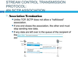 STREAM CONTROL TRANSMISSION
PROTOCOL:
AN SCTP ASSOCIATION
 Association Termination
 Unlike TCP, SCTP does not allow a “halfclosed”
association.
 If one end closes the association, the other end must
stop sending new data.
 If any data are left over in the queue of the recipient of
the termination request, they are sent and the
association is closed.
74
 
