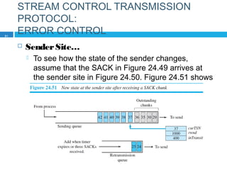 STREAM CONTROL TRANSMISSION
PROTOCOL:
ERROR CONTROL
 SenderSite…
 To see how the state of the sender changes,
assume that the SACK in Figure 24.49 arrives at
the sender site in Figure 24.50. Figure 24.51 shows
the new state.
81
 