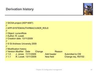 Derivation history// SICSA project (XEP 6087)//// APP-SYSTEM/AUTH/RBAC/USER_ROLE//// Object: currentRole// Author: R. Looek// Creation date: 13/11/2009//// © St Andrews University 2009//// Modification history// Version	Modifier	Date	Change		Reason// 1.0	J. Jones	11/11/2009	Add header	Submitted to CM// 1.1	R. Looek 	13/11/2009	New field		Change req. R07/0214Chapter 25 Configuration management