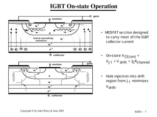 IGBTs - 7
Copyright © by John Wiley & Sons 2003
IGBT On-state Operation
P
+
N
-
N
+
P
N
+
N
+
emitter
gate
collector
lateral (spreading)
resistance
+
+ +
+ +
+ +
+
P+
N
-
N
+
P
N
+
N
+
collector
emitter
gate
• MOSFET se ction designed
to carry most of t he IGBT
collector current
• On-state VCE(on) =
VJ 1 + V drift + ICRchannel
• Hole injection into drift
region from J 1 minimizes
Vdrift.
 