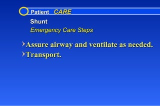 Patient  CARE Shunt Emergency Care Steps Assure airway and ventilate as needed. Transport. 