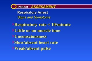 Patient  ASSESSMENT Respiratory Arrest Signs and Symptoms Respiratory rate < 10/minute Little or no muscle tone Unconsciousness Slow/absent heart rate Weak/absent pulse 