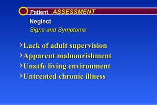 Patient  ASSESSMENT Neglect Signs and Symptoms Lack of adult supervision Apparent malnourishment Unsafe living environment Untreated chronic illness 