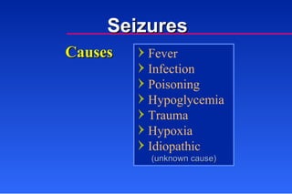 Fever Infection Poisoning Hypoglycemia Trauma Hypoxia Idiopathic Causes (unknown cause) Seizures 