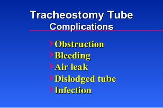 Obstruction Bleeding Air leak Dislodged tube Infection Tracheostomy Tube Complications 