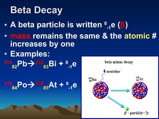 Beta Decay   A beta particle is written  0 -1 e (  ) mass  remains the same & the  atomic  # increases by one Examples: 214 82 Pb  214 83 Bi +  0 -1 e  218 84 Po  218 85 At +  0 -1 e  