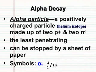 Alpha Decay Alpha particle —a positively charged particle  (helium isotope )  made up of two p+ & two n o the least penetrating  can be stopped by a sheet of paper Symbols:   ,  