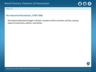 Next
Chapter 25
Copyright © by Houghton Mifflin Harcourt Publishing Company
World History: Patterns of Interaction
The Industrial Revolution, 1700-1900
The Industrial Revolution begins in Britain, spreads to other countries, and has a strong
impact on economics, politics, and society.
 