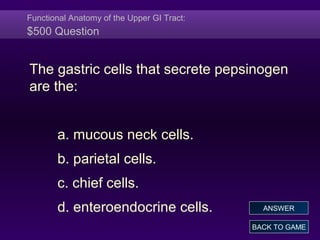 Functional Anatomy of the Upper GI Tract:
$500 Question
The gastric cells that secrete pepsinogen
are the:
a. mucous neck cells.
b. parietal cells.
c. chief cells.
d. enteroendocrine cells.
BACK TO GAME
ANSWER
 