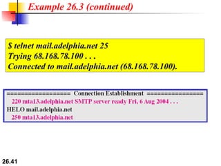 Example 26.3 (continued) $ telnet mail.adelphia.net 25 Trying 68.168.78.100 . . . Connected to mail.adelphia.net (68.168.78.100). 