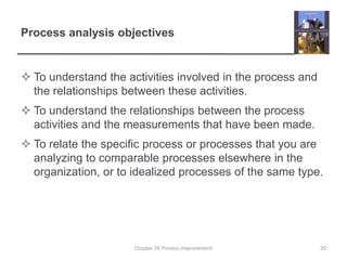 Process analysis objectivesTo understand the activities involved in the process and the relationships between these activities.To understand the relationships between the process activities and the measurements that have been made.To relate the specific process or processes that you are analyzing to comparable processes elsewhere in the organization, or to idealized processes of the same type.20Chapter 26 Process improvement