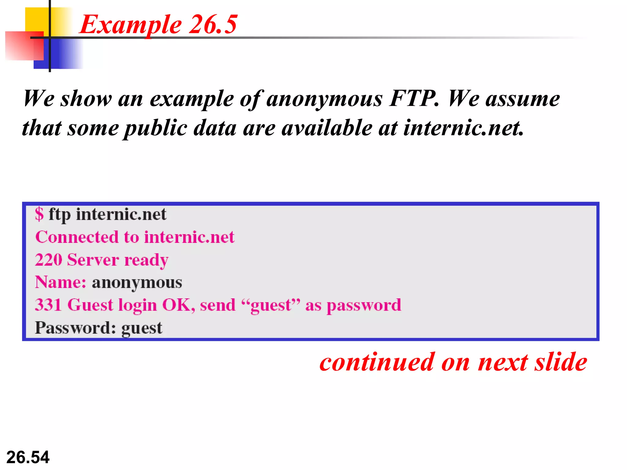 We show an example of anonymous FTP. We assume that some public data are available at internic.net. Example 26.5 We show an example of anonymous FTP. We assume that some public data are available at internic.net. continued on next slide 