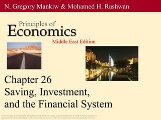 Chapter 26
Saving, Investment,
and the Financial System
© 2012 Cengage Learning EMEA. All Rights Reserved. May not be copied, scanned, or duplicated, in whole or in part, except for use
as permitted in a license distributed with a certain product or service or otherwise on a password-protected website for classroom
N. Gregory Mankiw & Mohamed H. Rashwan
Economics
Principles of
Middle East Edition
 