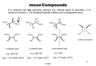 CH264
10
meso-Compounds
If a molecule has any symmetry element e.g. internal plane of symmetry, σ or
centre of inversion, i, it is rendered optically inactive and is designated meso-.
centre of inversion
CO2HHO2C
OHHO
meso-tartaric acid
CO2HHO2C
HO OH
CO2HHO2C
HO OH
(–)-tartaric acid(+)-tartaric acid
HO2C
CO2H
OH
OH
HO2C
CO2H
OH
OH
R
R S
S
S
R
HO2C
CO2H
OH
OH
m.p. 206°m.p. 168-170°m.p. 168-170°
[α]D = +12° (water, 20°C) [α]D = –12° (water, 20°C) [α]D = 0° (water, 20°C)
 