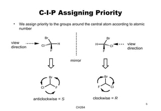 CH264
6
C-I-P Assigning Priority
• We assign priority to the groups around the central atom according to atomic
number
Br
H
F
Cl
Br
H
F
Cl
view
direction
mirror
Br
FCl
anticlockwise = S
Br
ClF
clockwise = R
view
direction
 