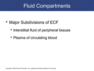 Copyright © 2009 Pearson Education, Inc., publishing as Pearson Benjamin Cummings
Fluid Compartments
 Major Subdivisions of ECF
 Interstitial fluid of peripheral tissues
 Plasma of circulating blood
 