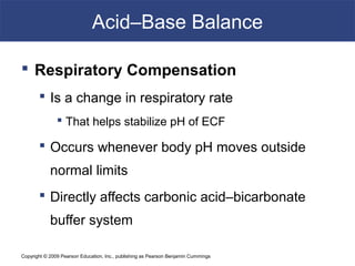 Copyright © 2009 Pearson Education, Inc., publishing as Pearson Benjamin Cummings
Acid–Base Balance
 Respiratory Compensation
 Is a change in respiratory rate
 That helps stabilize pH of ECF
 Occurs whenever body pH moves outside
normal limits
 Directly affects carbonic acid–bicarbonate
buffer system
 