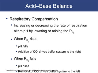 Copyright © 2009 Pearson Education, Inc., publishing as Pearson Benjamin Cummings
Acid–Base Balance
 Respiratory Compensation
 Increasing or decreasing the rate of respiration
alters pH by lowering or raising the PCO2
 When PCO
2
rises
 pH falls
 Addition of CO2 drives buffer system to the right
 When PCO
2
falls
 pH rises
 Removal of CO drives buffer system to the left
 