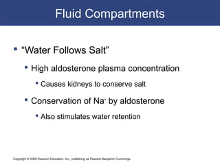 Copyright © 2009 Pearson Education, Inc., publishing as Pearson Benjamin Cummings
Fluid Compartments
 “Water Follows Salt”
 High aldosterone plasma concentration
 Causes kidneys to conserve salt
 Conservation of Na+
by aldosterone
 Also stimulates water retention
 
