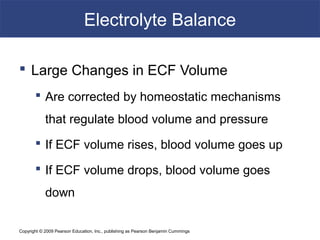 Copyright © 2009 Pearson Education, Inc., publishing as Pearson Benjamin Cummings
Electrolyte Balance
 Large Changes in ECF Volume
 Are corrected by homeostatic mechanisms
that regulate blood volume and pressure
 If ECF volume rises, blood volume goes up
 If ECF volume drops, blood volume goes
down
 