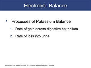 Copyright © 2009 Pearson Education, Inc., publishing as Pearson Benjamin Cummings
Electrolyte Balance
 Processes of Potassium Balance
1. Rate of gain across digestive epithelium
2. Rate of loss into urine
 