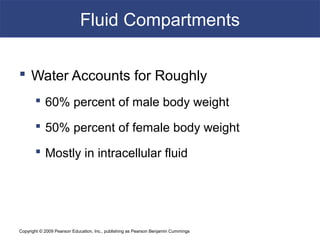 Copyright © 2009 Pearson Education, Inc., publishing as Pearson Benjamin Cummings
Fluid Compartments
 Water Accounts for Roughly
 60% percent of male body weight
 50% percent of female body weight
 Mostly in intracellular fluid
 