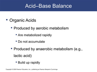 Copyright © 2009 Pearson Education, Inc., publishing as Pearson Benjamin Cummings
Acid–Base Balance
 Organic Acids
 Produced by aerobic metabolism
 Are metabolized rapidly
 Do not accumulate
 Produced by anaerobic metabolism (e.g.,
lactic acid)
 Build up rapidly
 
