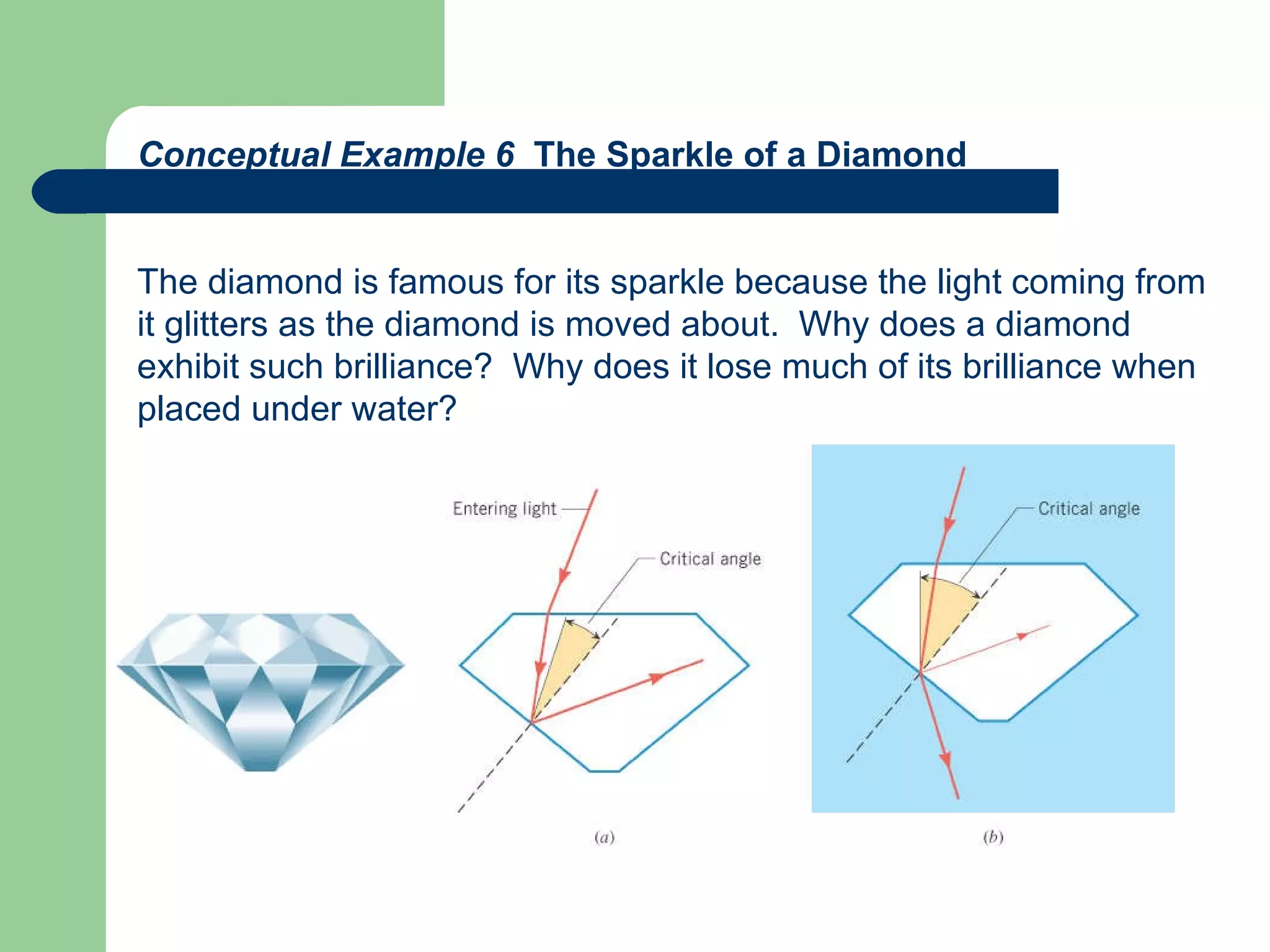 Conceptual Example 6  The Sparkle of a Diamond The diamond is famous for its sparkle because the light coming from it glitters as the diamond is moved about.  Why does a diamond  exhibit such brilliance?  Why does it lose much of its brilliance when placed under water? 