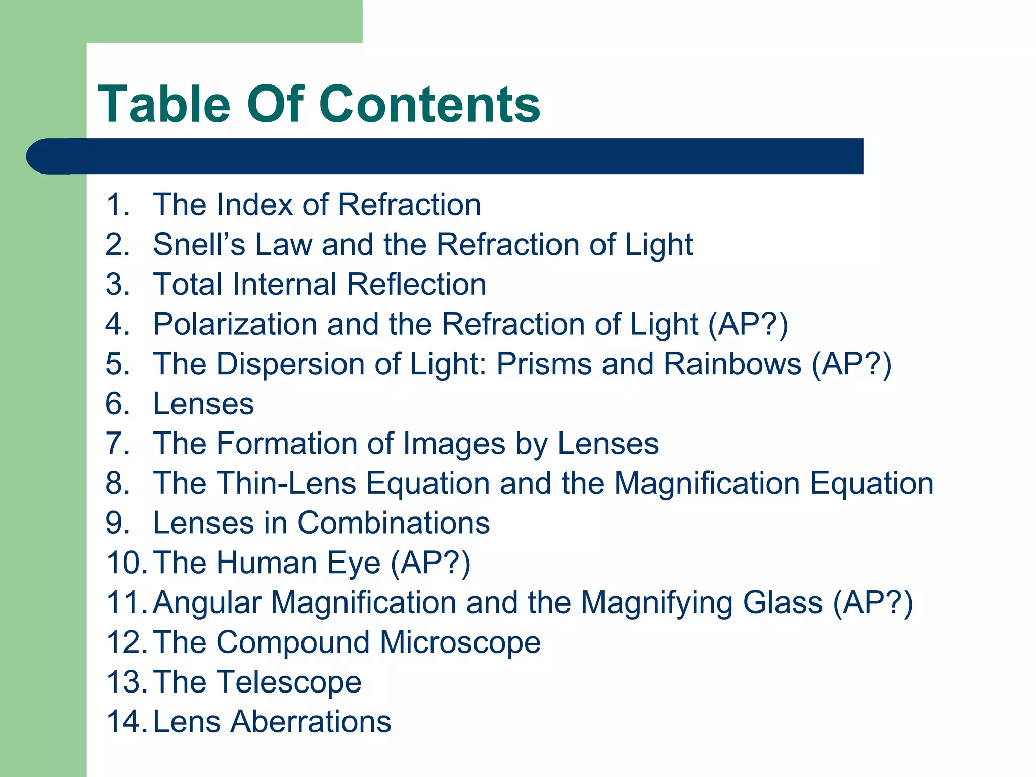Table Of Contents The Index of Refraction Snell’s Law and the Refraction of Light Total Internal Reflection Polarization and the Refraction of Light (AP?) The Dispersion of Light: Prisms and Rainbows (AP?) Lenses The Formation of Images by Lenses The Thin-Lens Equation and the Magnification Equation Lenses in Combinations The Human Eye (AP?) Angular Magnification and the Magnifying Glass (AP?) The Compound Microscope The Telescope Lens Aberrations 