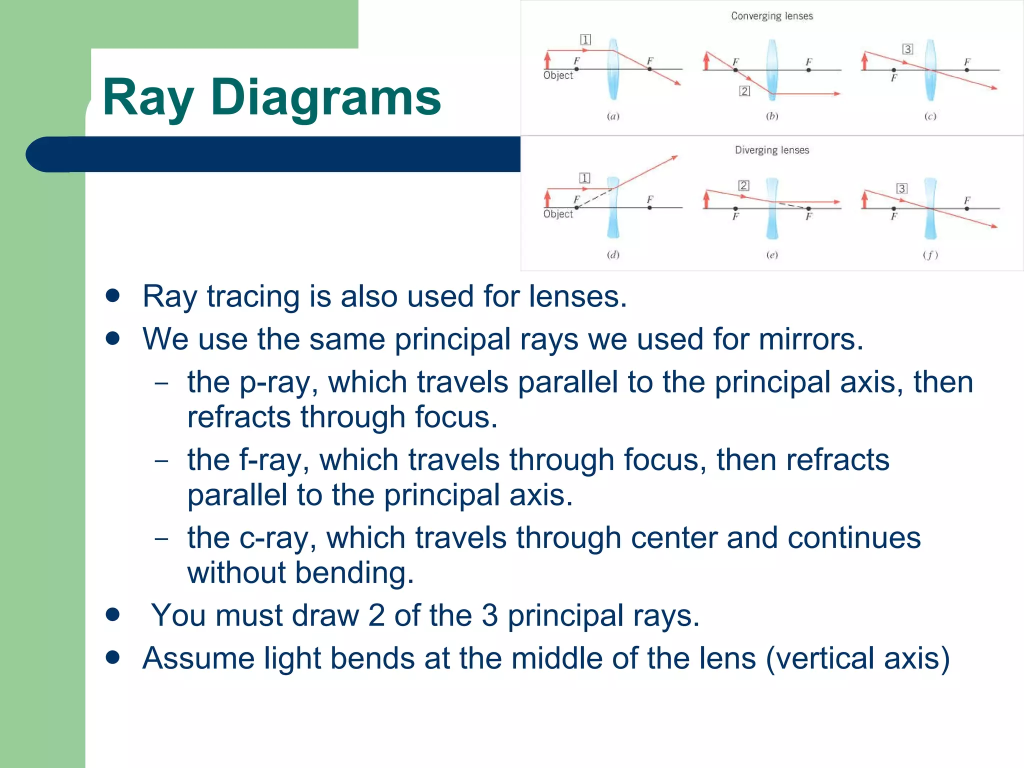 Ray Diagrams Ray tracing is also used for lenses. We use the same principal rays we used for mirrors. the p-ray, which travels parallel to the principal axis, then refracts through focus. the f-ray, which travels through focus, then refracts parallel to the principal axis. the c-ray, which travels through center and continues without bending. You must draw 2 of the 3 principal rays. Assume light bends at the middle of the lens (vertical axis) 