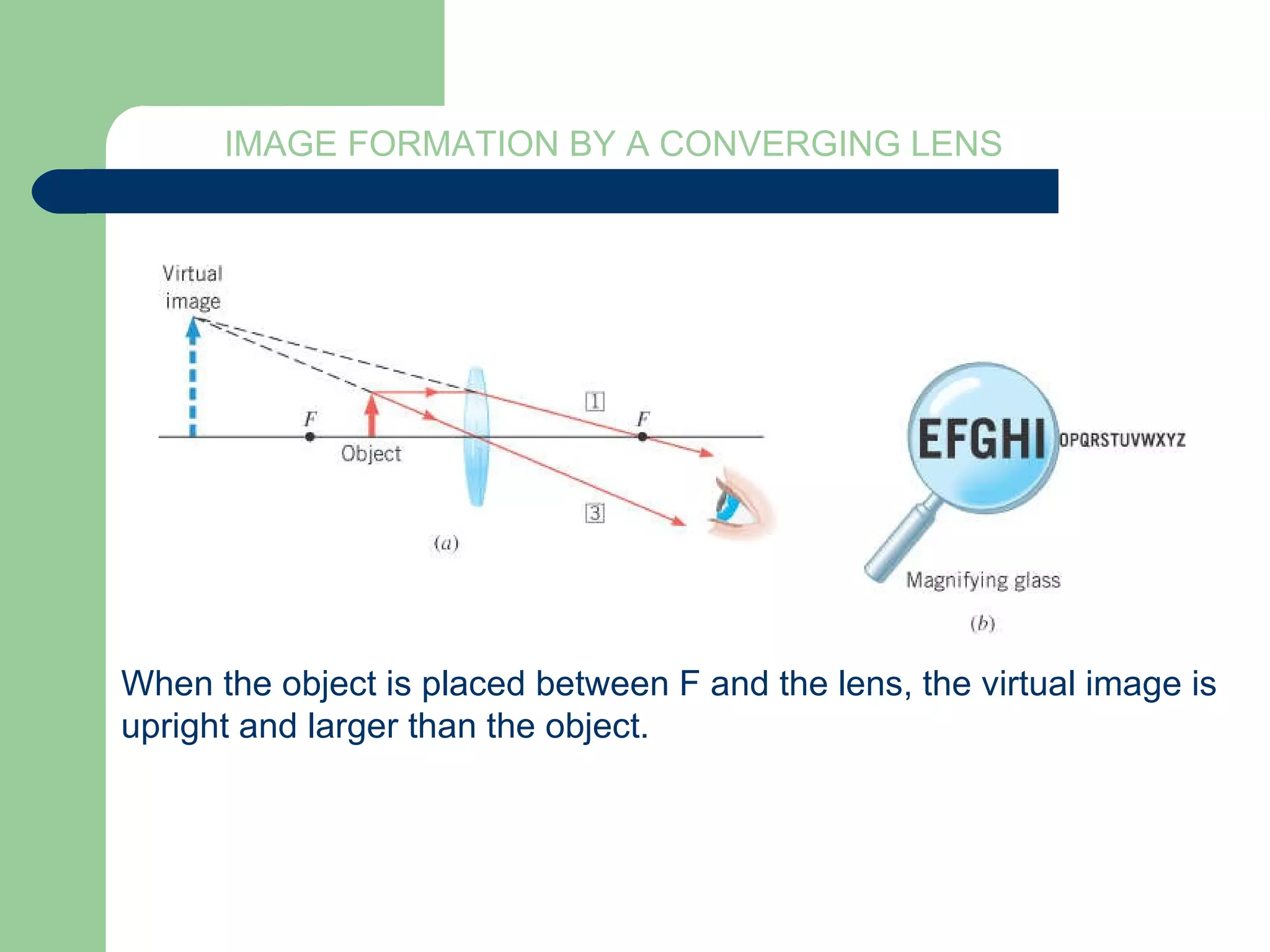 When the object is placed between F and the lens, the virtual image is  upright and larger than the object. IMAGE FORMATION BY A CONVERGING LENS 