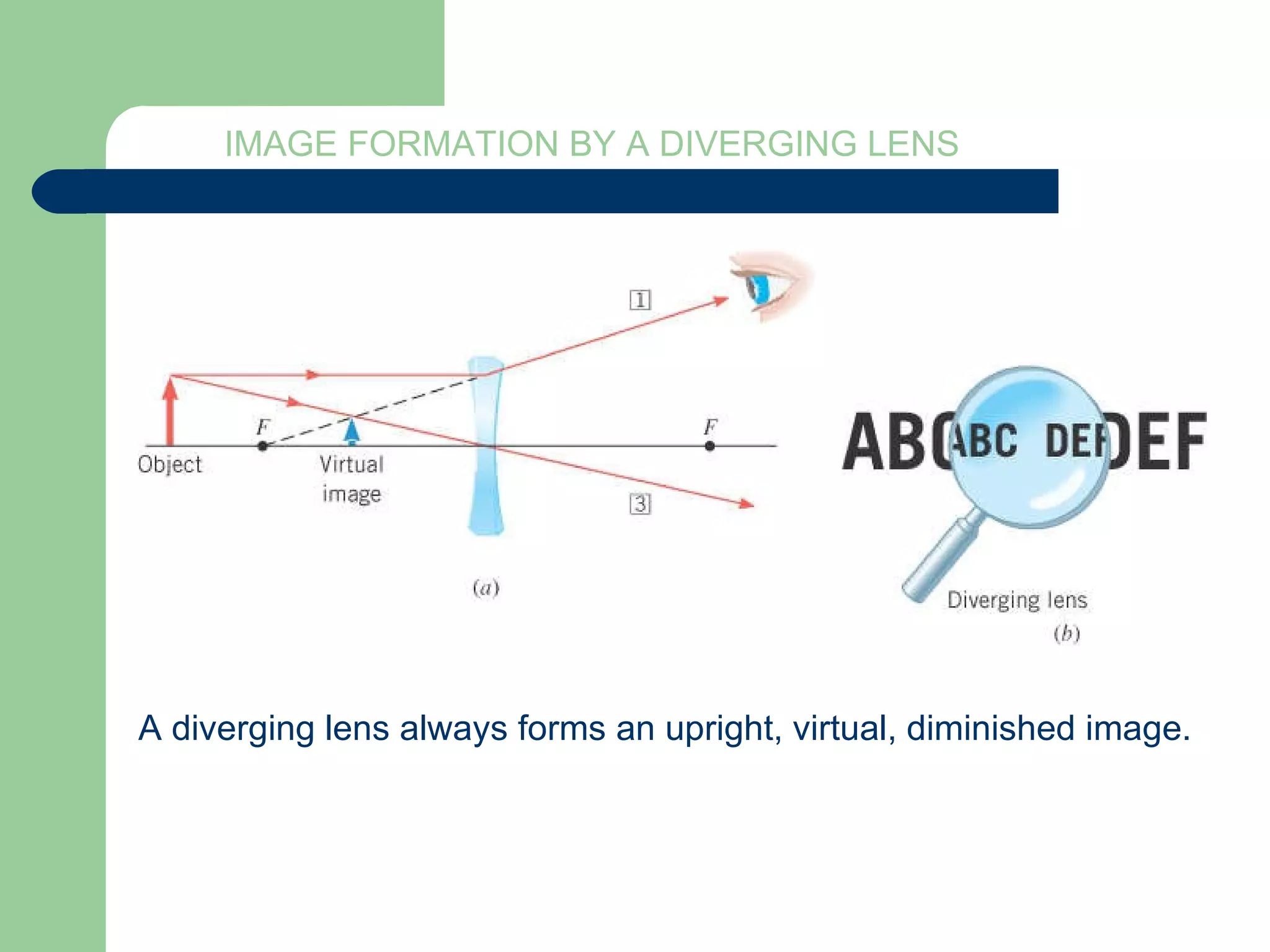 IMAGE FORMATION BY A DIVERGING LENS A diverging lens always forms an upright, virtual, diminished image. 