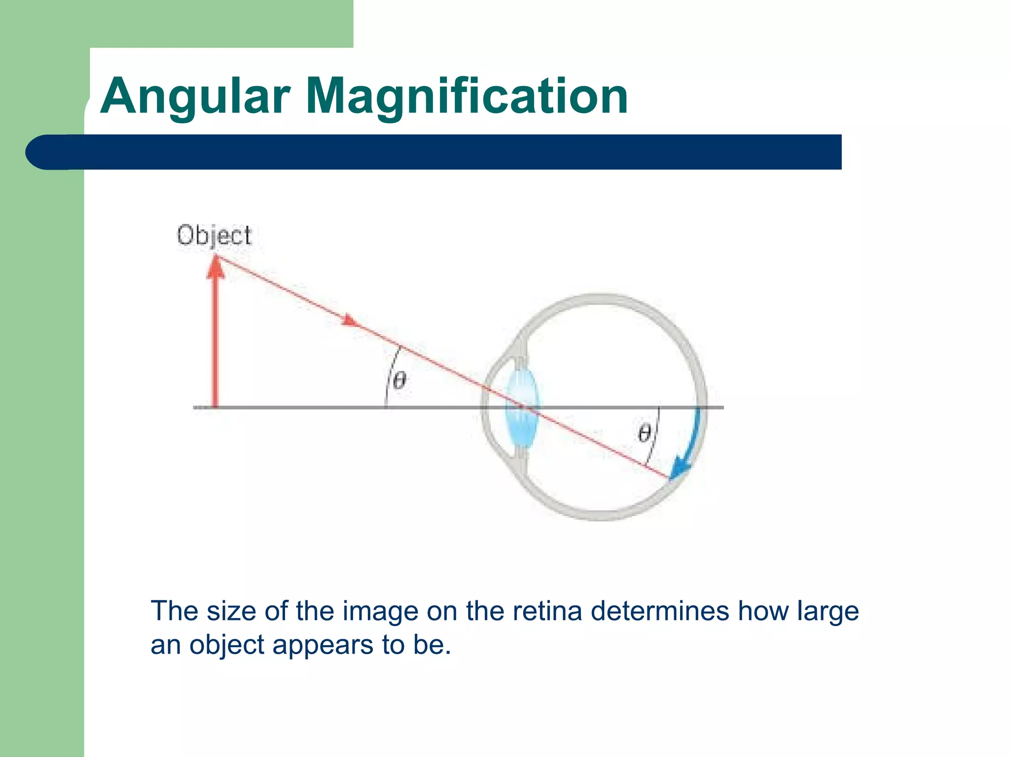 Angular Magnification The size of the image on the retina determines how large an object appears to be. 