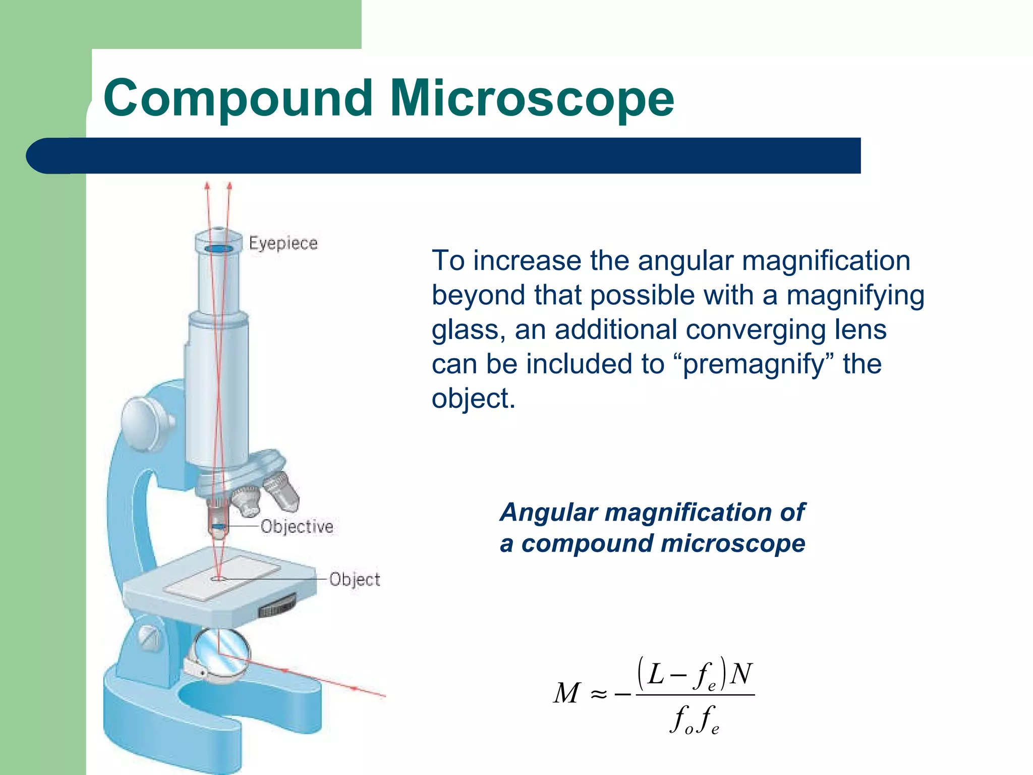Compound Microscope To increase the angular magnification  beyond that possible with a magnifying glass, an additional converging lens can be included to “premagnify” the  object. Angular magnification of a compound microscope 