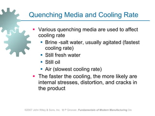 Quenching Media and Cooling Rate  Various quenching media are used to affect cooling rate  Brine -salt water, usually agitated (fastest cooling rate) Still fresh water Still oil Air (slowest cooling rate) The faster the cooling, the more likely are internal stresses, distortion, and cracks in the product  ©2007 John Wiley & Sons, Inc.  M P Groover,  Fundamentals of Modern Manufacturing  3/e 