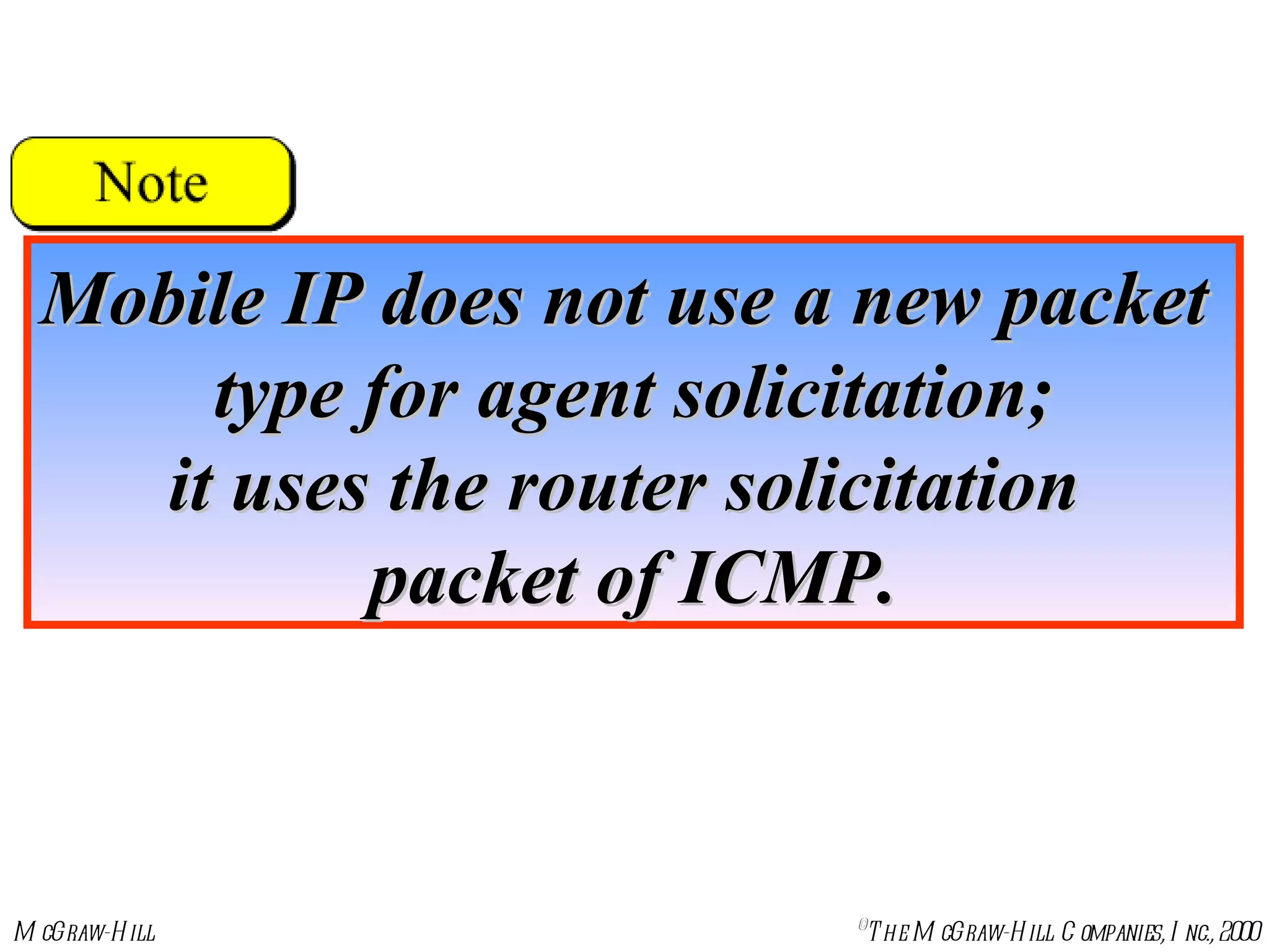 Mobile IP does not use a new packet  type for agent solicitation; it uses the router solicitation  packet of ICMP. 