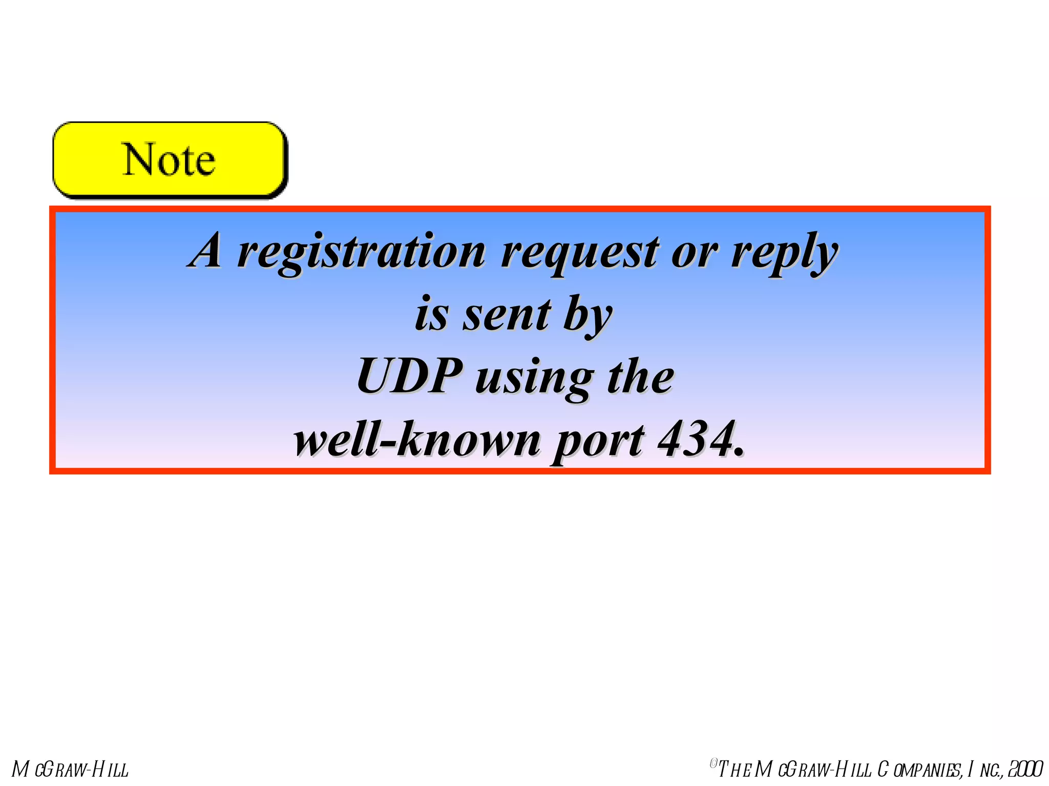 A registration request or reply  is sent by  UDP using the  well-known port 434. 