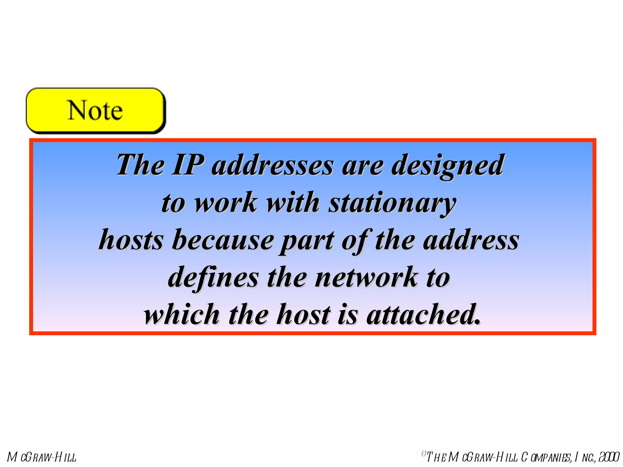 The IP addresses are designed  to work with stationary  hosts because part of the address  defines the network to  which the host is attached. 