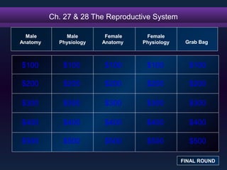 Ch. 27 & 28 The Reproductive System
$100
$200
$300
$400
$500
$100 $100$100 $100
$200 $200 $200 $200
$300 $300 $300 $300
$400 $400 $400 $400
$500 $500 $500 $500
Male
Anatomy
FINAL ROUND
Male
Physiology
Female
Anatomy
Female
Physiology Grab Bag
 