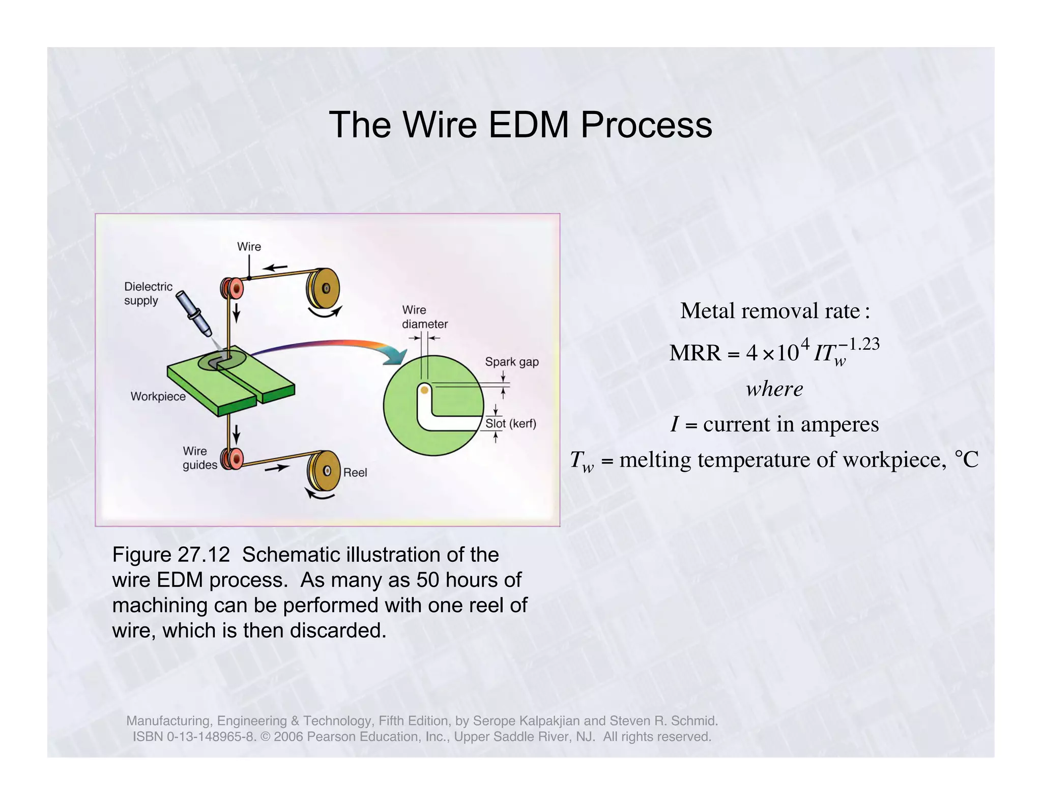 The Wire EDM Process 
Figure 27.12 Schematic illustration of the 
! 
wire EDM process. As many as 50 hours of 
machining can be performed with one reel of 
wire, which is then discarded. 
Metal removal rate : 
MRR = 4 "104 ITw 
Manufacturing, Engineering & Technology, Fifth Edition, by Serope Kalpakjian and Steven R. Schmid. 
ISBN 0-13-148965-8. © 2006 Pearson Education, Inc., Upper Saddle River, NJ. All rights reserved. 
#1.23 
where 
I = current in amperes 
Tw = melting temperature of workpiece, °C 
 