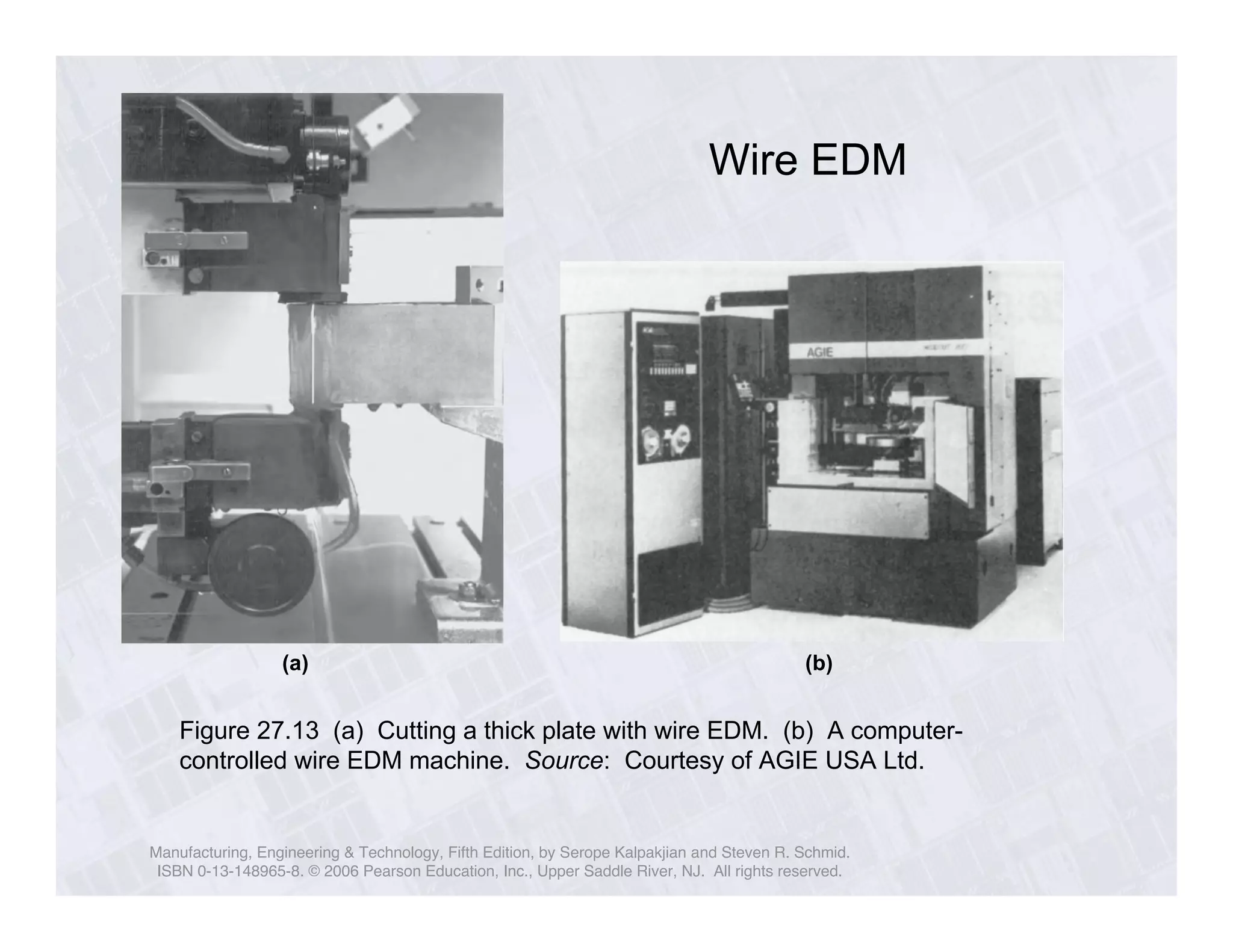 Wire EDM 
(a) (b) 
Figure 27.13 (a) Cutting a thick plate with wire EDM. (b) A computer-controlled 
wire EDM machine. Source: Courtesy of AGIE USA Ltd. 
Manufacturing, Engineering & Technology, Fifth Edition, by Serope Kalpakjian and Steven R. Schmid. 
ISBN 0-13-148965-8. © 2006 Pearson Education, Inc., Upper Saddle River, NJ. All rights reserved. 
 