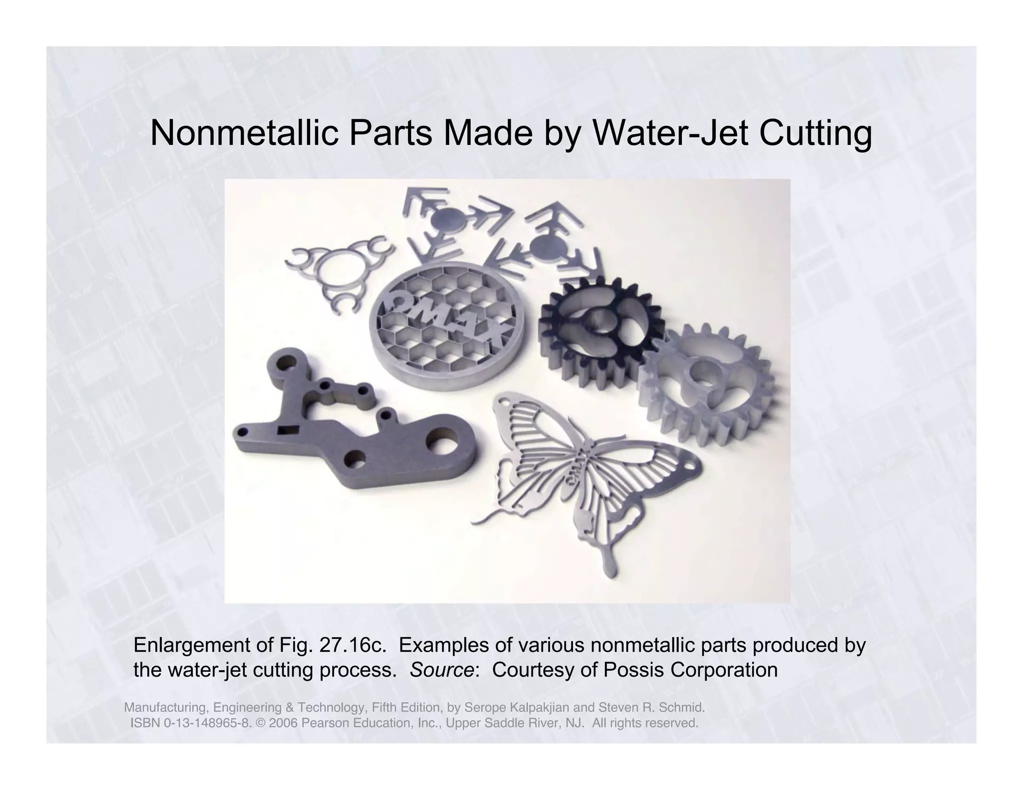Nonmetallic Parts Made by Water-Jet Cutting 
Enlargement of Fig. 27.16c. Examples of various nonmetallic parts produced by 
the water-jet cutting process. Source: Courtesy of Possis Corporation 
Manufacturing, Engineering & Technology, Fifth Edition, by Serope Kalpakjian and Steven R. Schmid. 
ISBN 0-13-148965-8. © 2006 Pearson Education, Inc., Upper Saddle River, NJ. All rights reserved. 
 