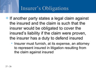 Insurer’s Obligations
   If another party states a legal claim against
    the insured and the claim is such that the
    insurer would be obligated to cover the
    insured’s liability if the claim were proven,
    the insurer has a duty to defend insured
         Insurer must furnish, at its expense, an attorney
          to represent insured in litigation resulting from
          the claim against insured


27 - 26
 