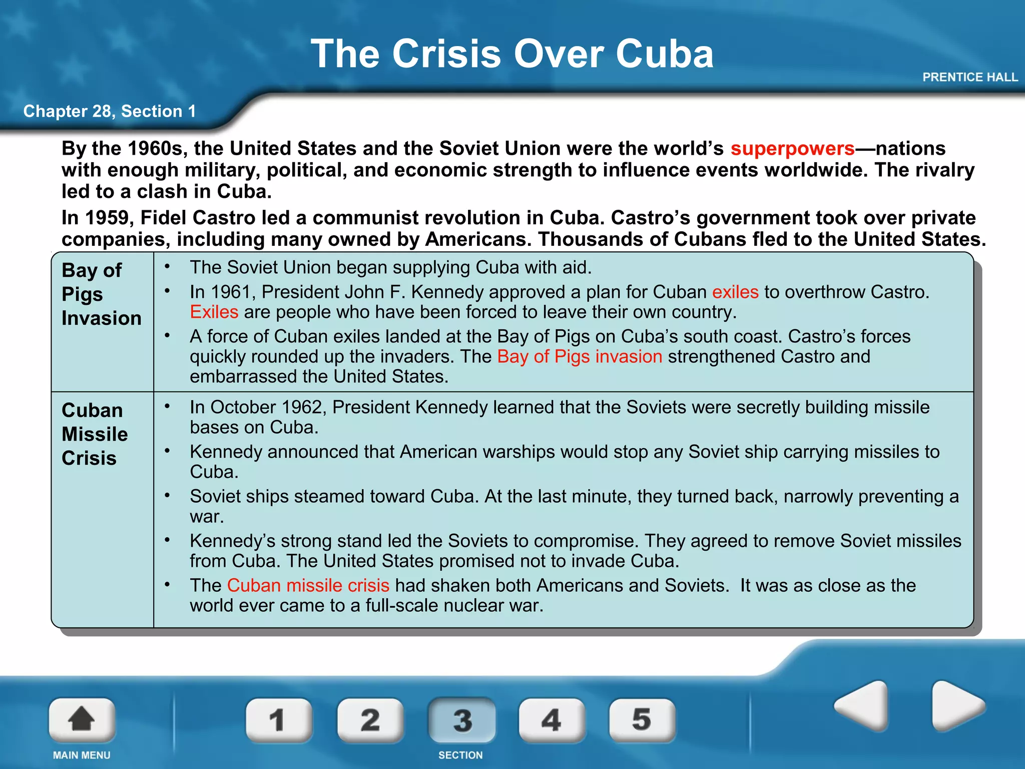 Chapter 28, Section 1
Bay of
Pigs
Invasion
• The Soviet Union began supplying Cuba with aid.
• In 1961, President John F. Kennedy approved a plan for Cuban exiles to overthrow Castro.
Exiles are people who have been forced to leave their own country.
• A force of Cuban exiles landed at the Bay of Pigs on Cuba’s south coast. Castro’s forces
quickly rounded up the invaders. The Bay of Pigs invasion strengthened Castro and
embarrassed the United States.
Cuban
Missile
Crisis
• In October 1962, President Kennedy learned that the Soviets were secretly building missile
bases on Cuba.
• Kennedy announced that American warships would stop any Soviet ship carrying missiles to
Cuba.
• Soviet ships steamed toward Cuba. At the last minute, they turned back, narrowly preventing a
war.
• Kennedy’s strong stand led the Soviets to compromise. They agreed to remove Soviet missiles
from Cuba. The United States promised not to invade Cuba.
• The Cuban missile crisis had shaken both Americans and Soviets. It was as close as the
world ever came to a full-scale nuclear war.
By the 1960s, the United States and the Soviet Union were the world’s superpowers—nations
with enough military, political, and economic strength to influence events worldwide. The rivalry
led to a clash in Cuba.
In 1959, Fidel Castro led a communist revolution in Cuba. Castro’s government took over private
companies, including many owned by Americans. Thousands of Cubans fled to the United States.
The Crisis Over Cuba
 