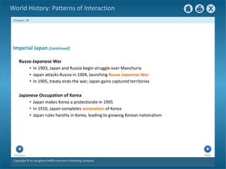 Copyright © by Houghton Mifflin Harcourt Publishing Company
Next
Previous
Chapter 28
World History: Patterns of Interaction
Japanese Occupation of Korea
• Japan makes Korea a protectorate in 1905
• In 1910, Japan completes annexation of Korea
• Japan rules harshly in Korea, leading to growing Korean nationalism
Imperial Japan {continued}
Russo-Japanese War
• In 1903, Japan and Russia begin struggle over Manchuria
• Japan attacks Russia in 1904, launching Russo-Japanese War
• In 1905, treaty ends the war; Japan gains captured territories
 